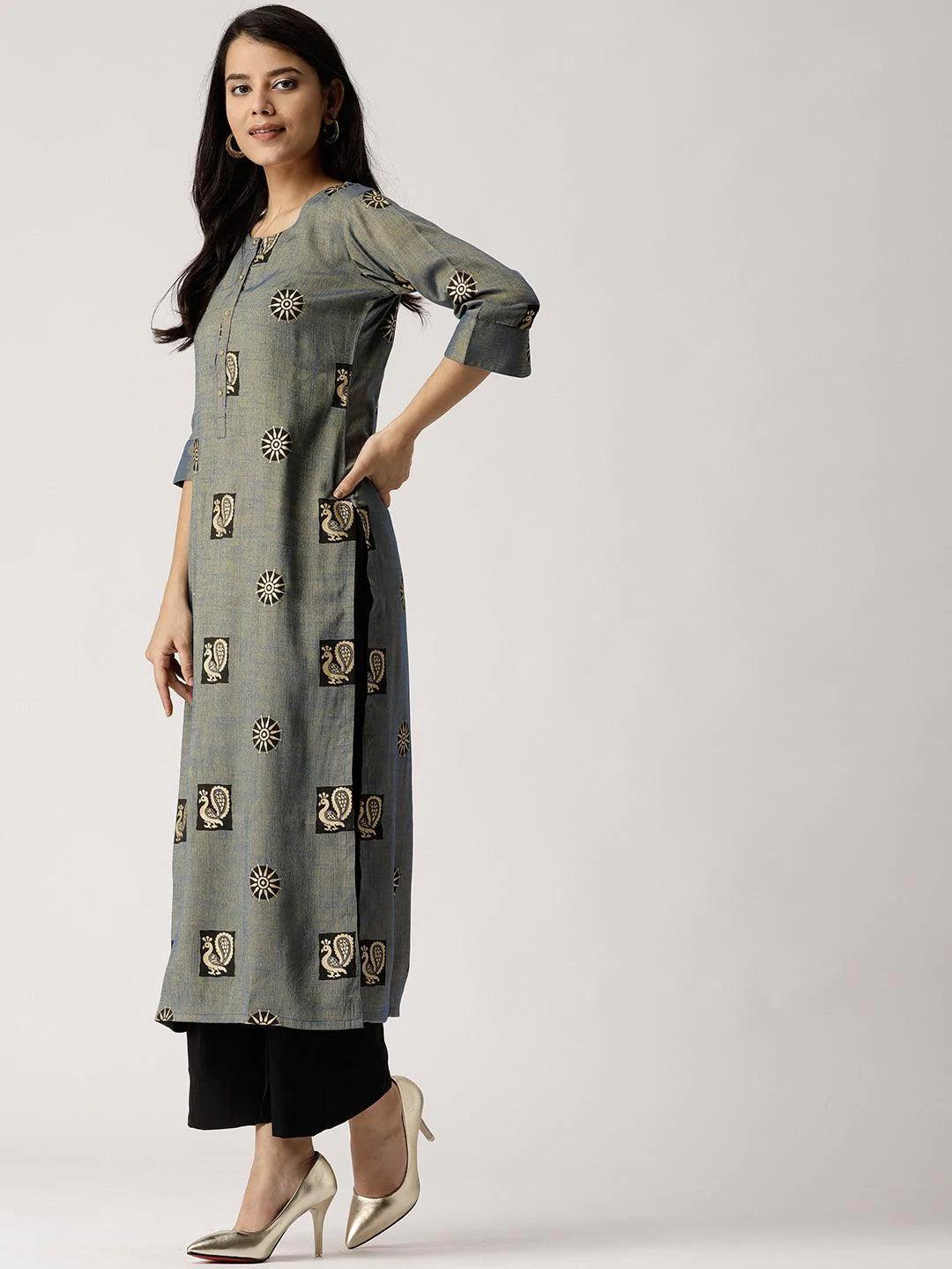 Blue Printed Rayon Kurta - ShopLibas