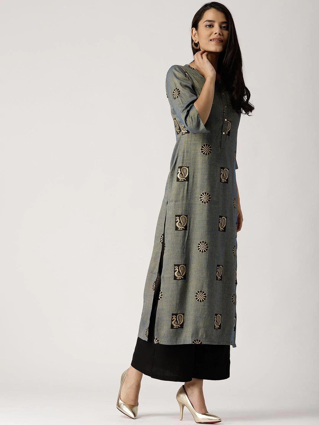 Blue Printed Rayon Kurta - ShopLibas