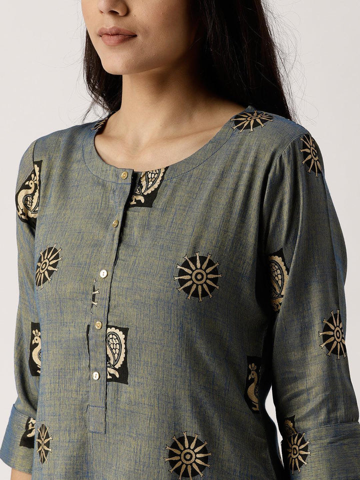 Blue Printed Rayon Kurta - ShopLibas