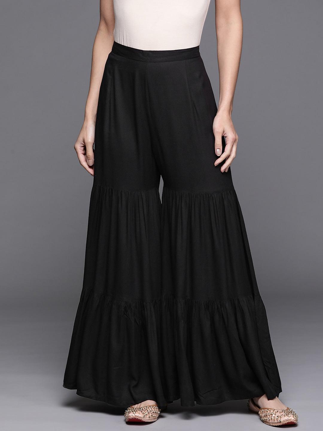 Black Solid Rayon Sharara Pants - ShopLibas