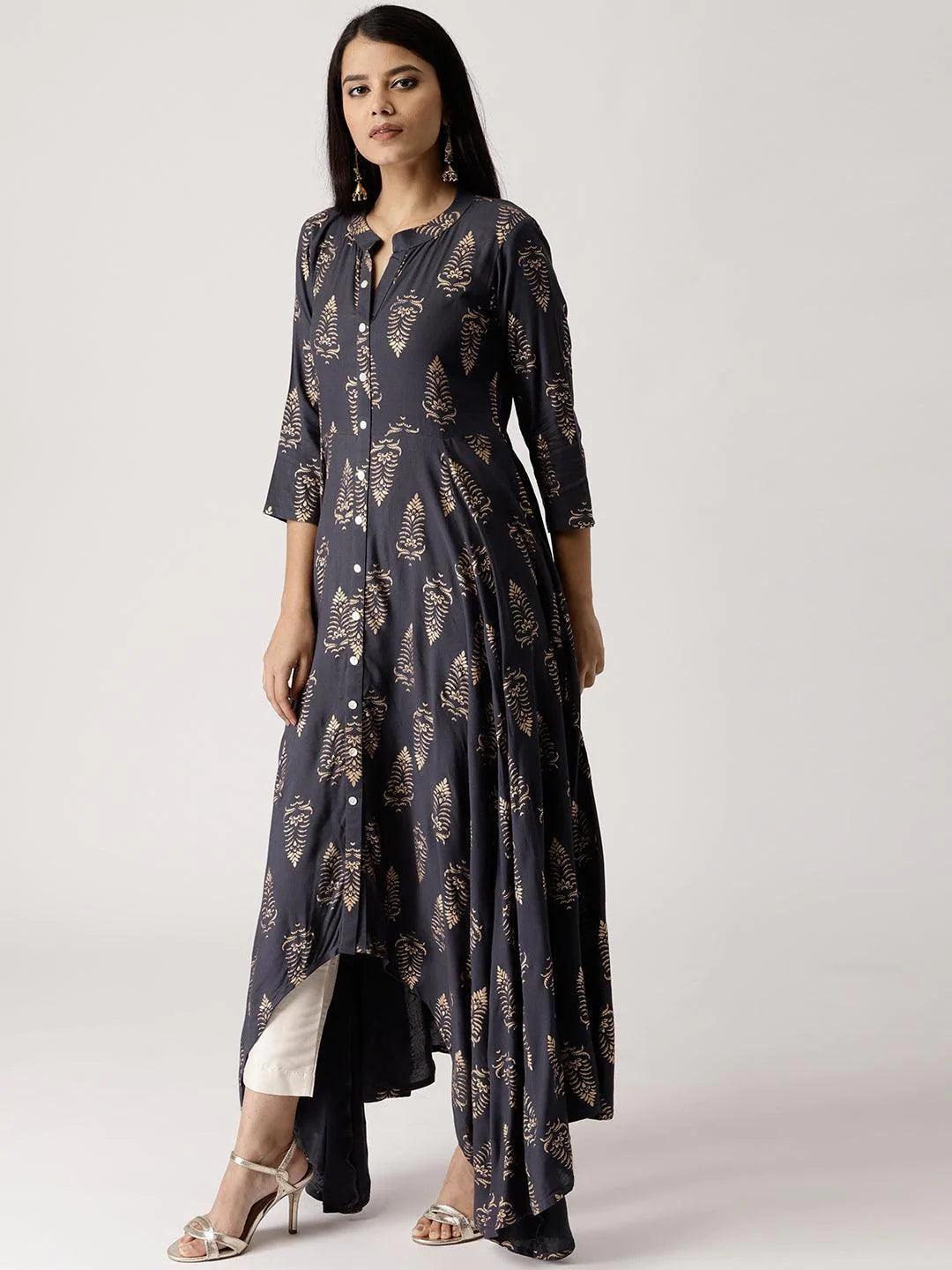 Grey Printed Rayon Kurta