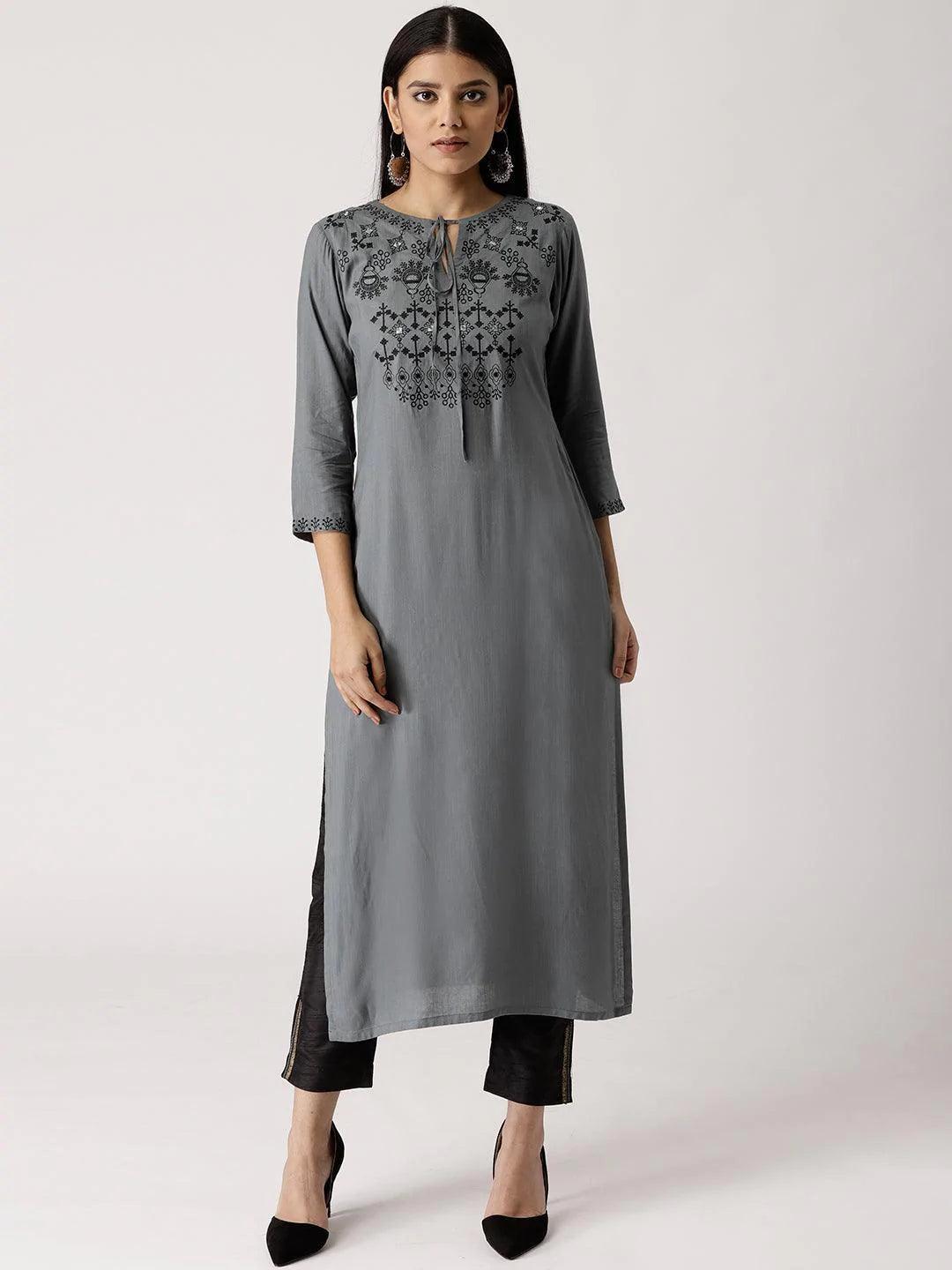 Grey Embroidered Rayon Kurta - ShopLibas