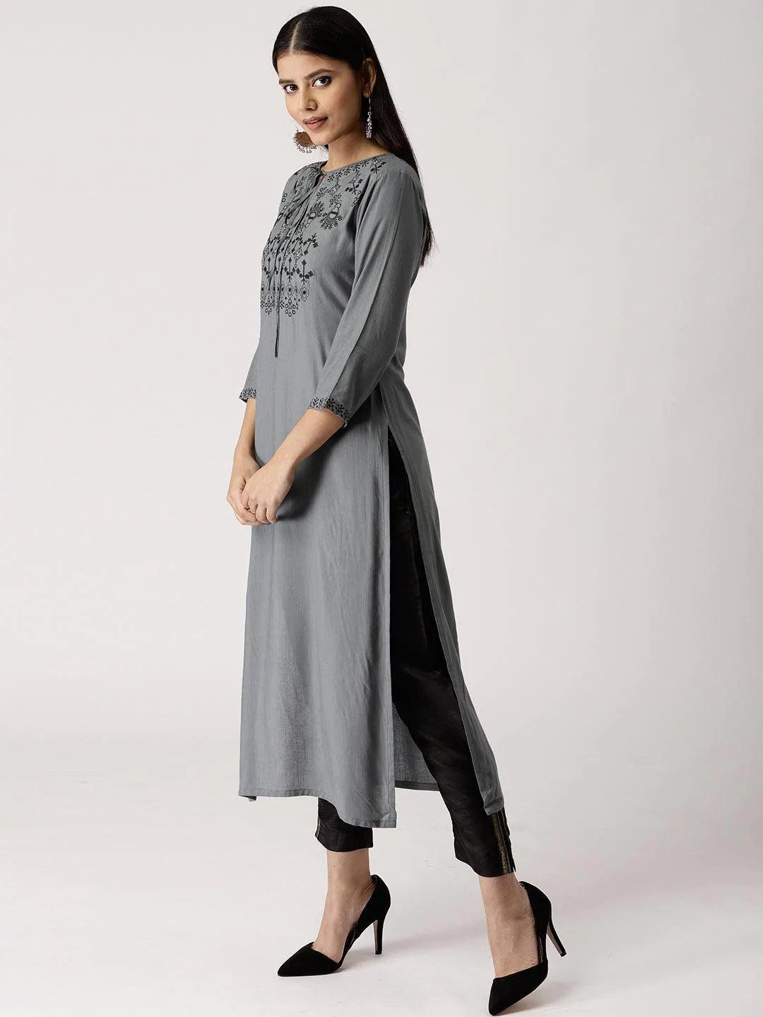 Grey Embroidered Rayon Kurta - ShopLibas