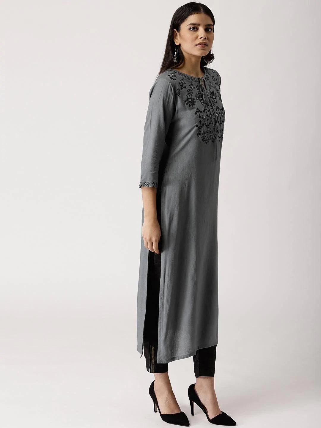 Grey Embroidered Rayon Kurta - ShopLibas