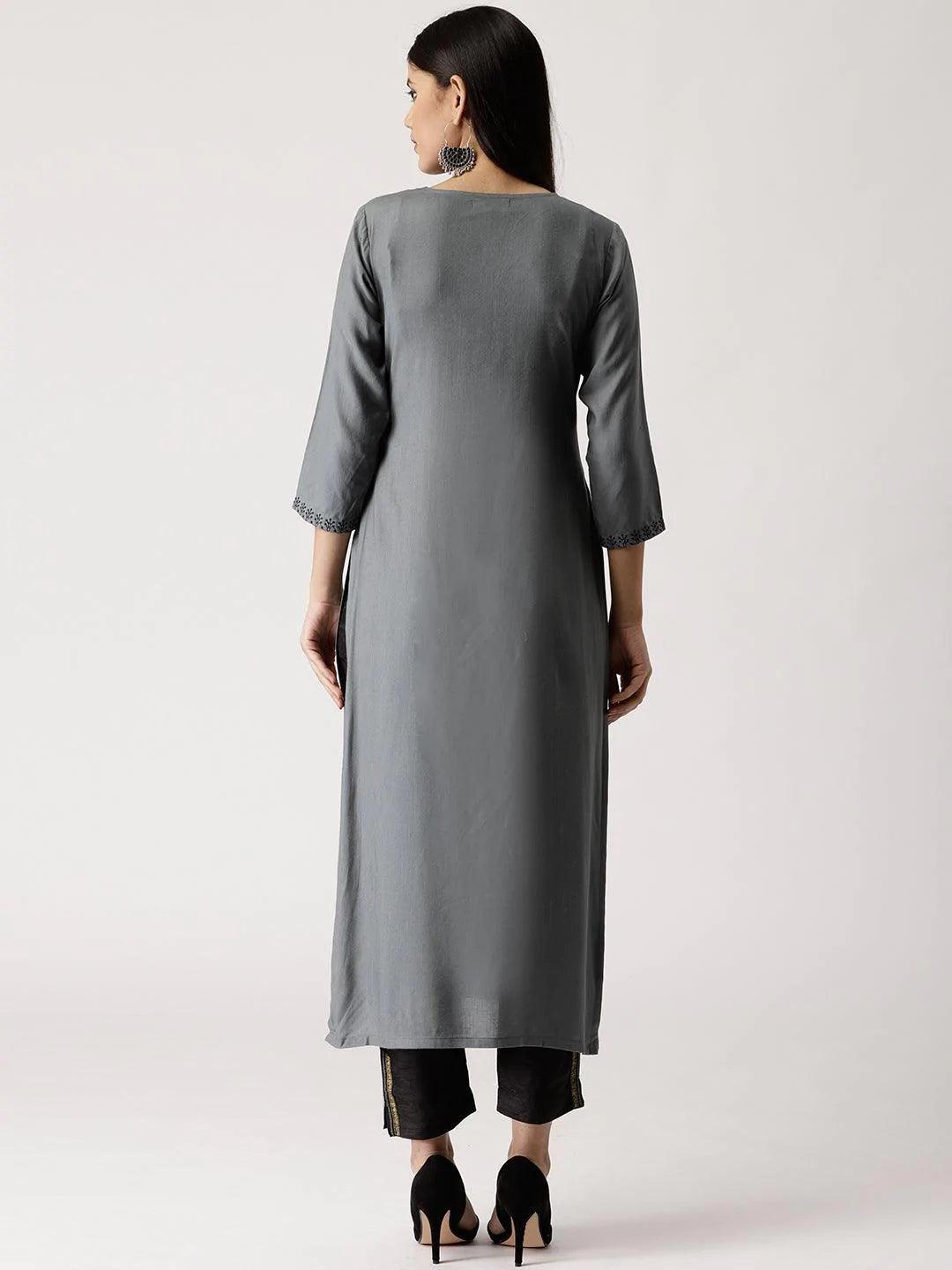 Grey Embroidered Rayon Kurta - ShopLibas