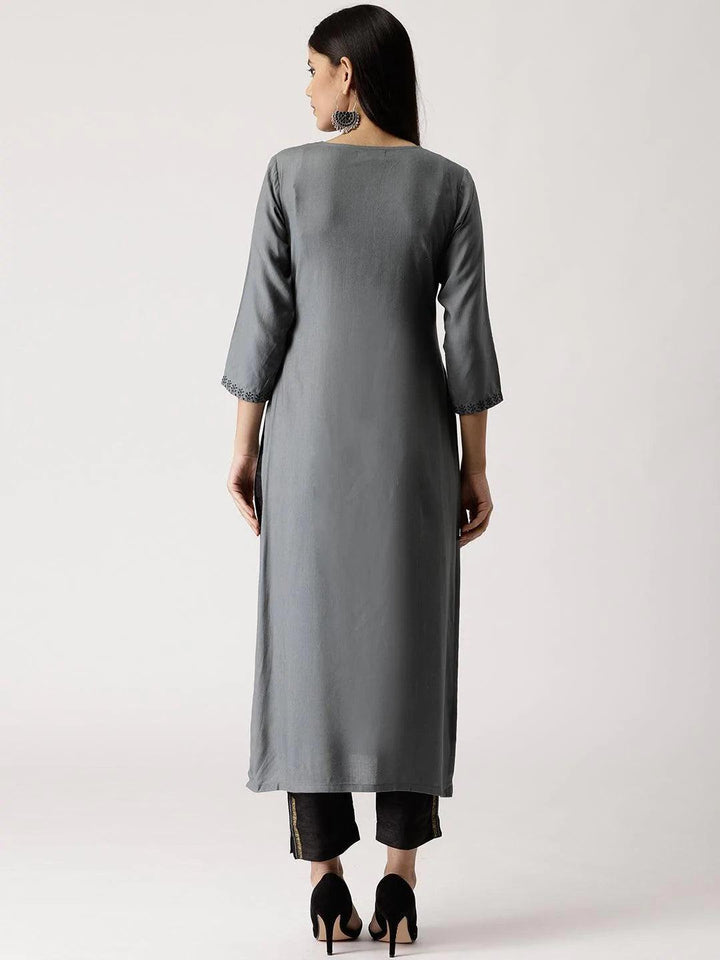 Grey Embroidered Rayon Kurta - ShopLibas