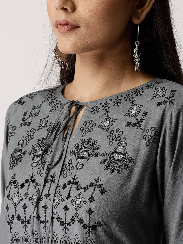 Grey Embroidered Rayon Kurta - ShopLibas