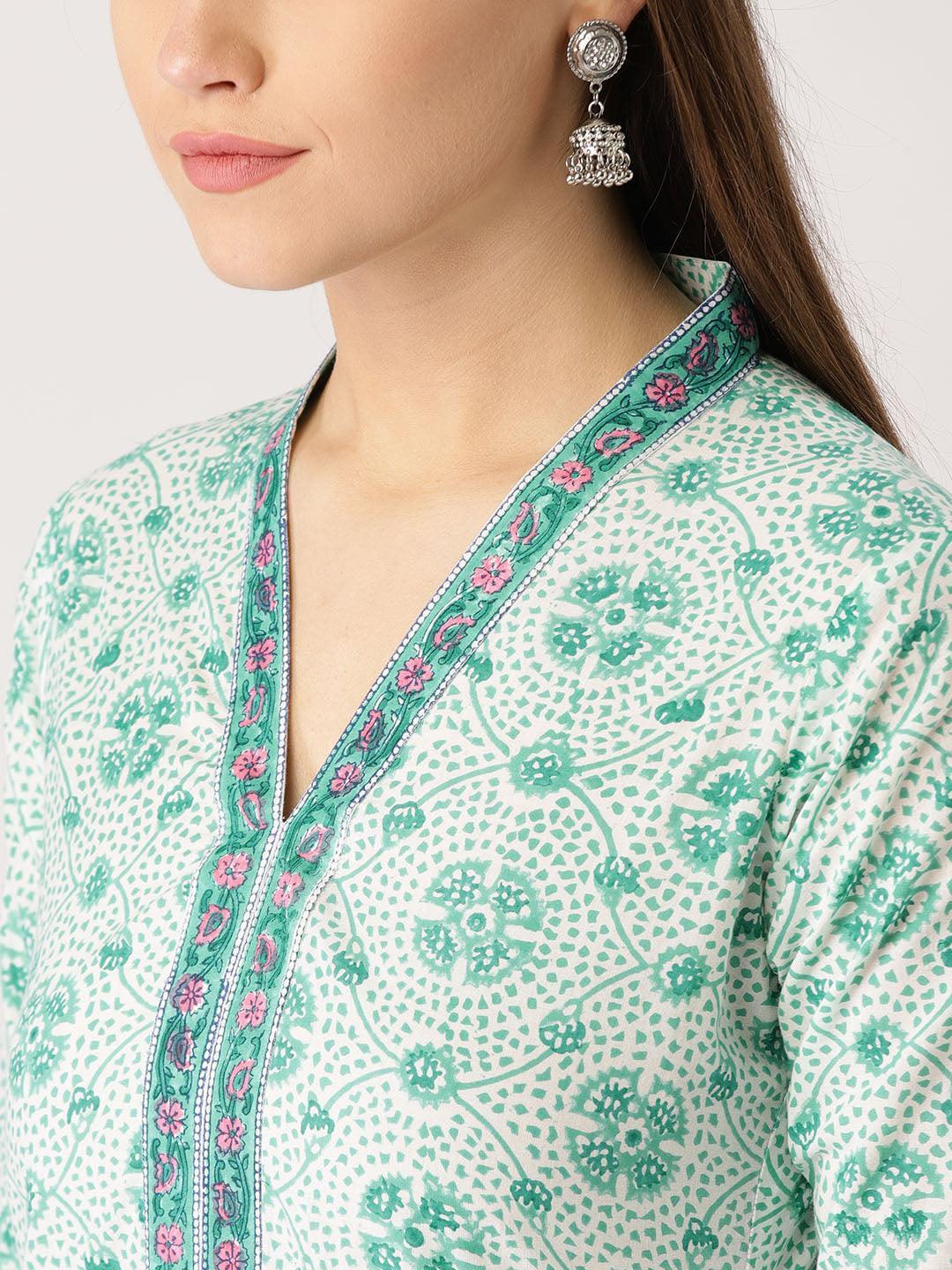 Green Printed Cotton Kurta - ShopLibas