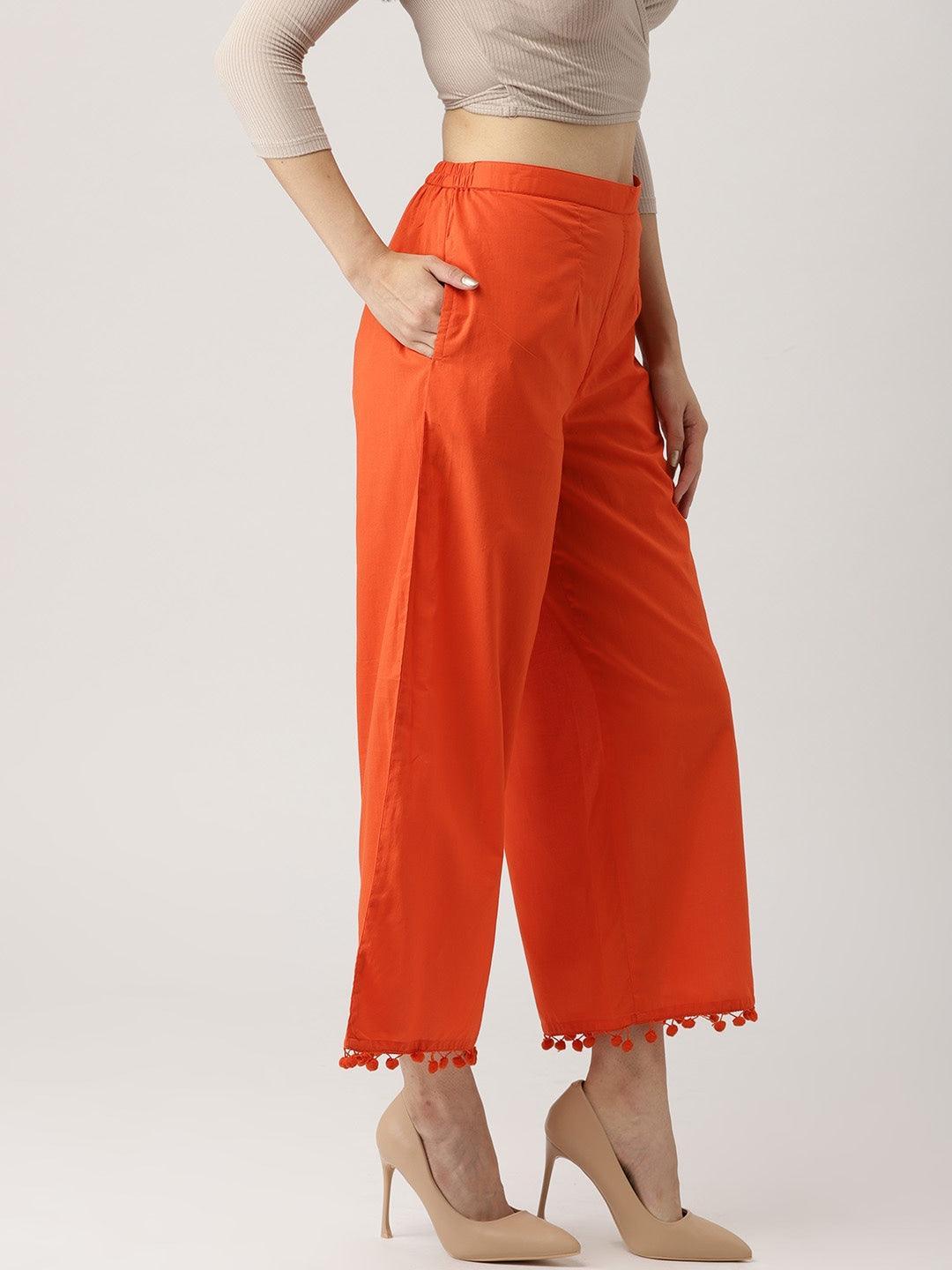 Orange Solid Cotton Palazzos - ShopLibas