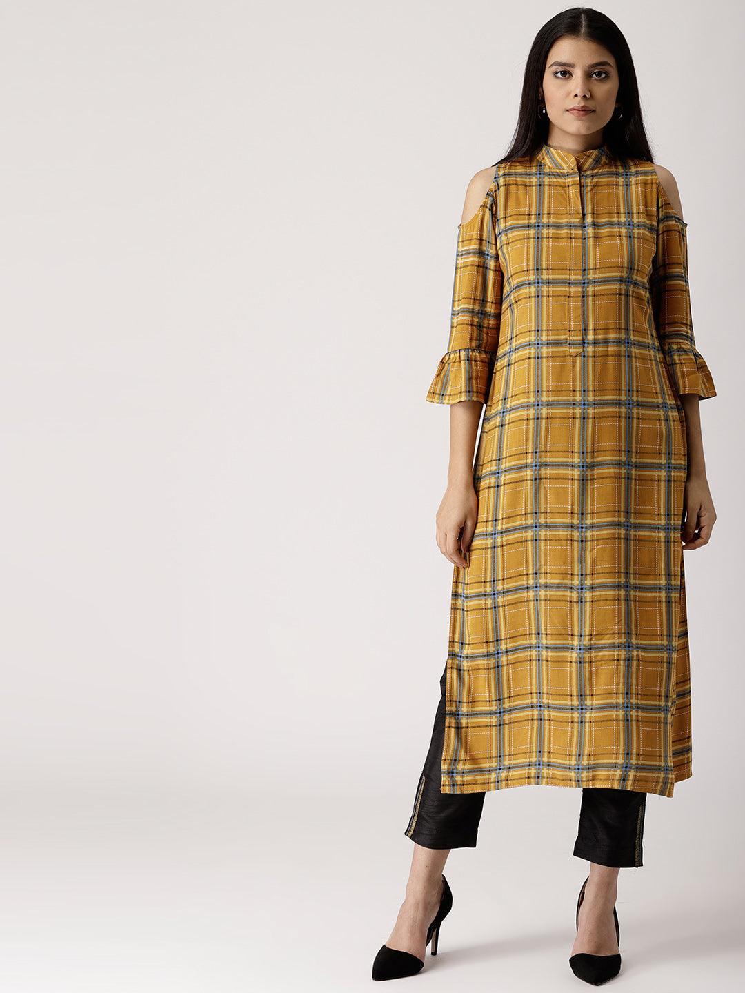 Yellow Checkered Rayon Kurta - ShopLibas