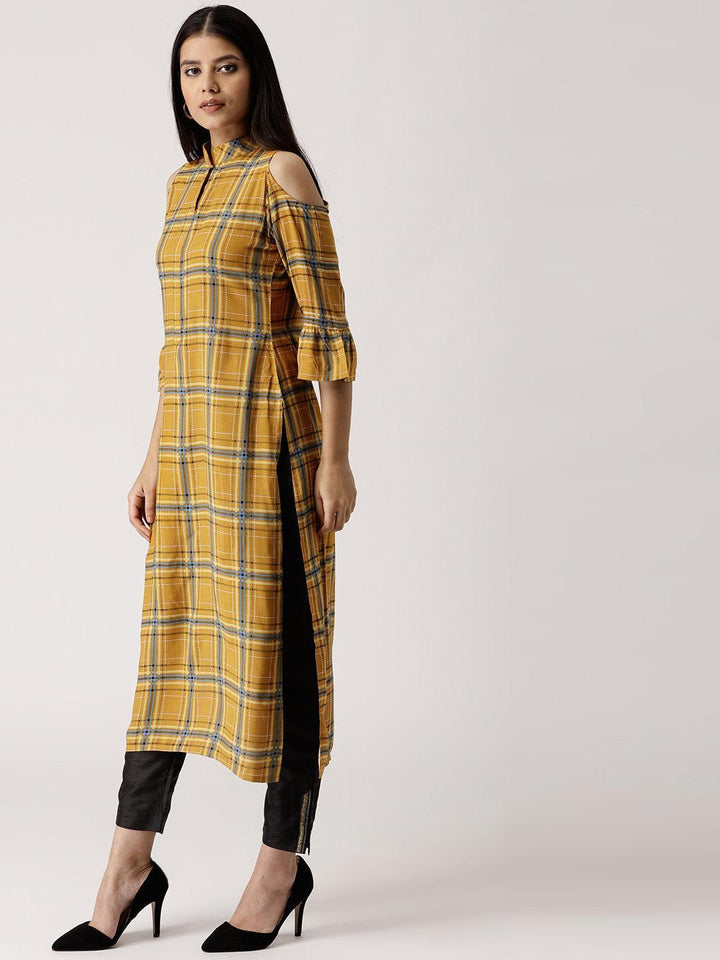 Yellow Checkered Rayon Kurta - ShopLibas