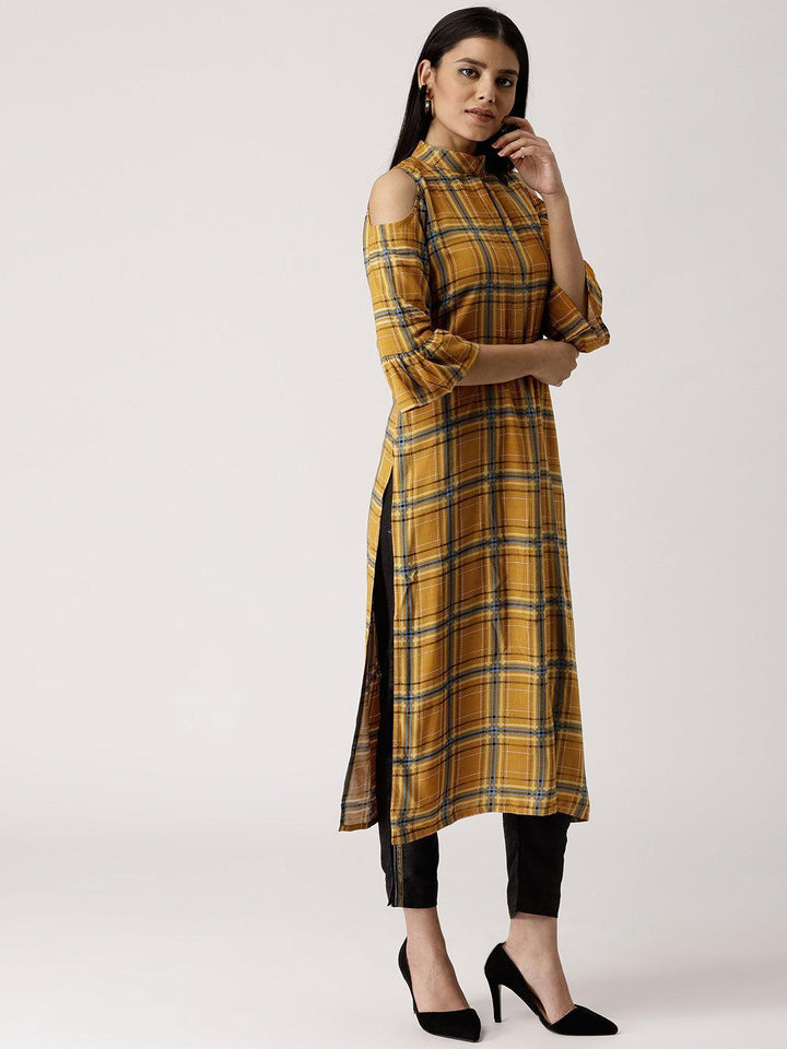 Yellow Checkered Rayon Kurta - ShopLibas