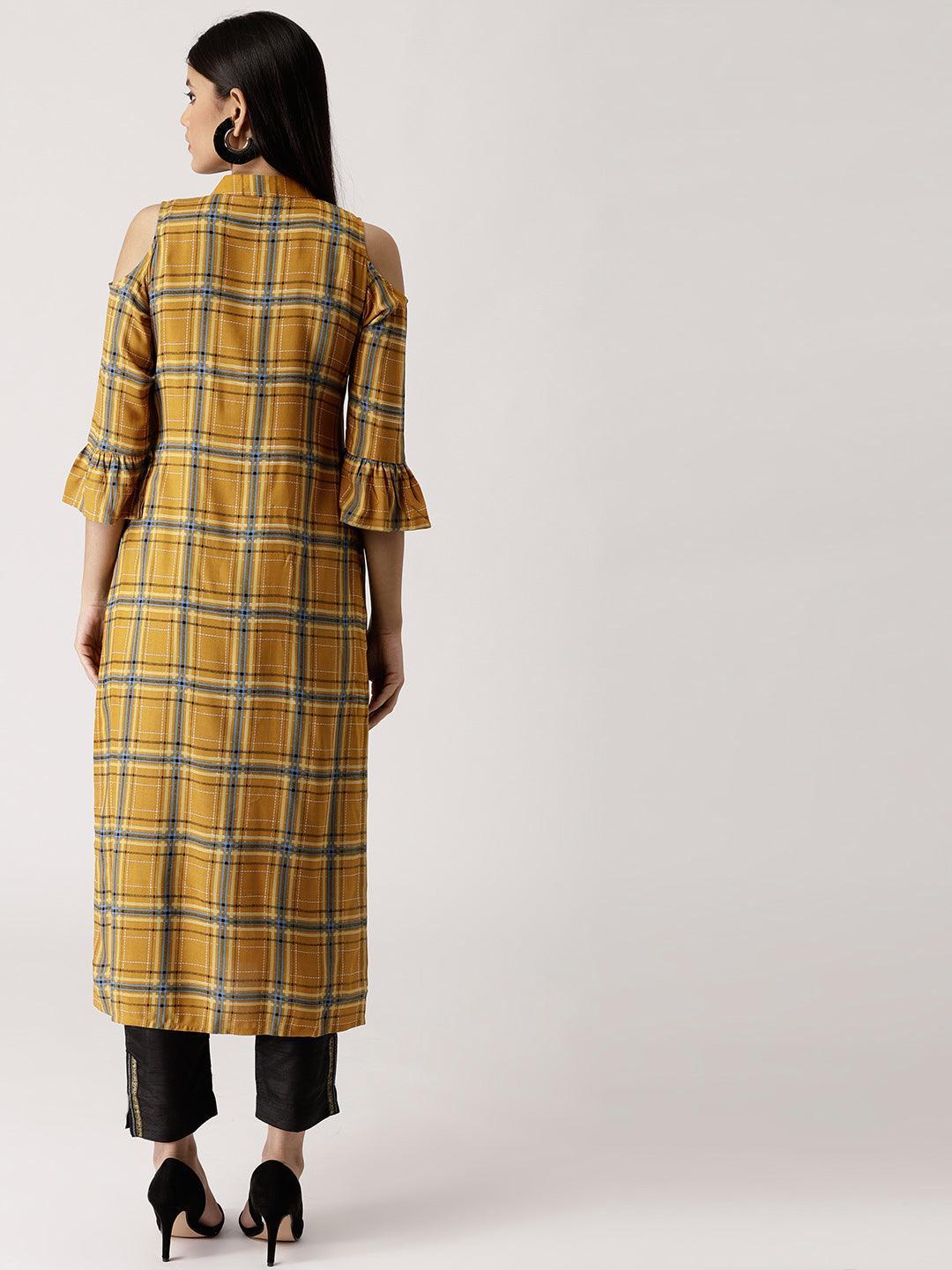 Yellow Checkered Rayon Kurta - ShopLibas