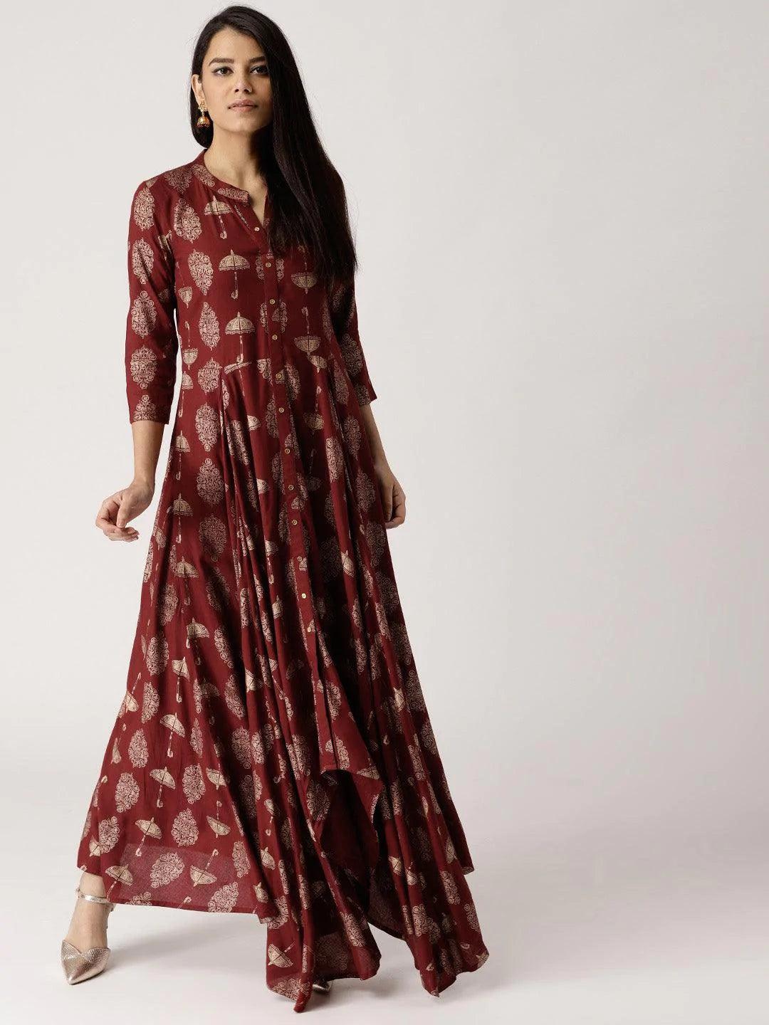 Maroon Printed Rayon Kurta