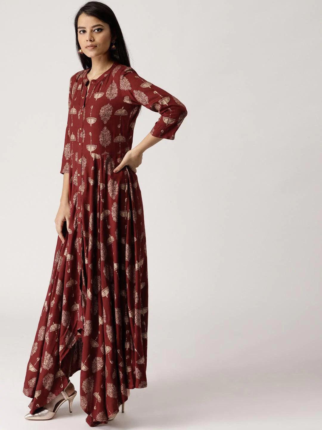 Maroon Printed Rayon Kurta