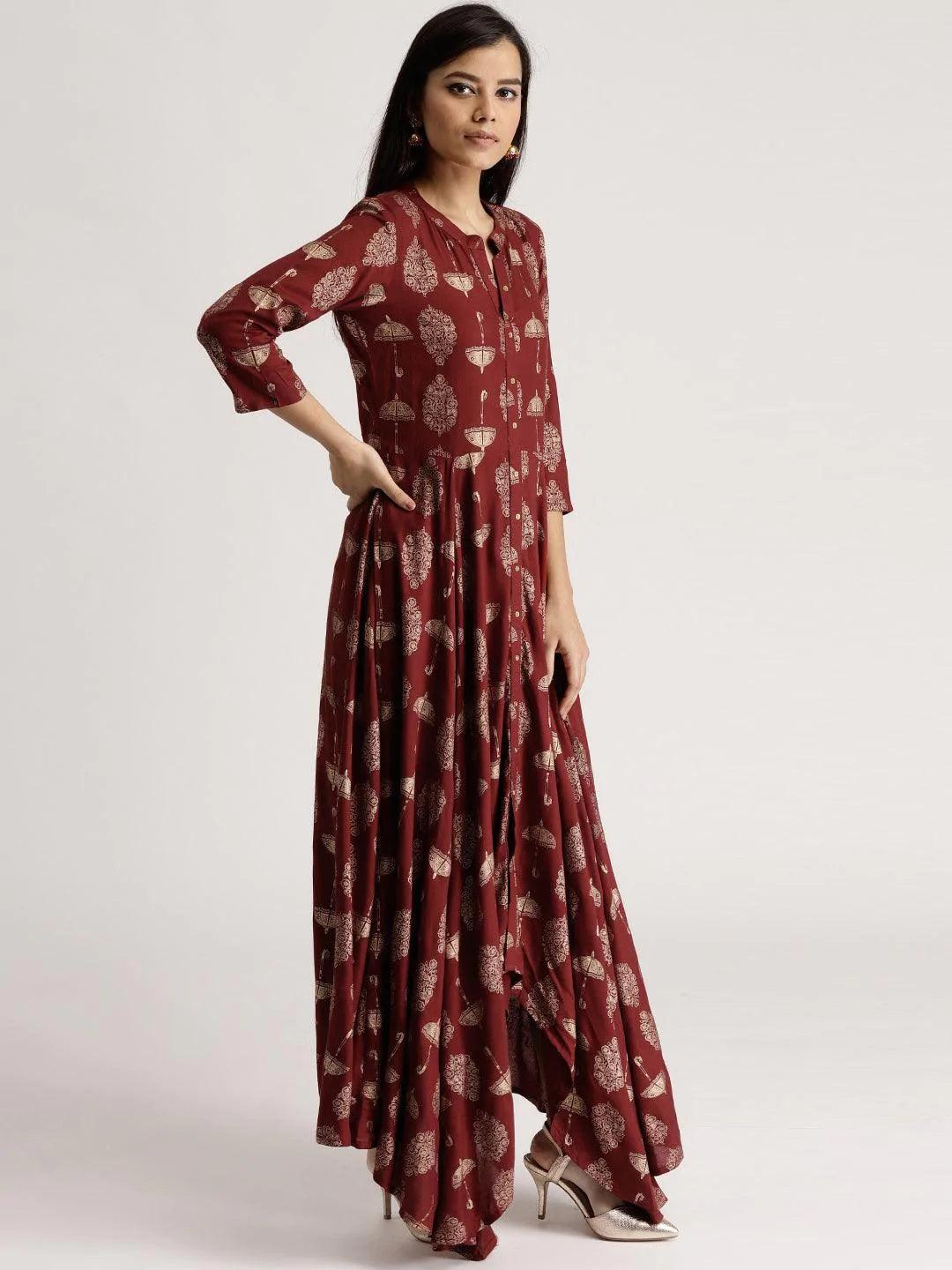 Maroon Printed Rayon Kurta