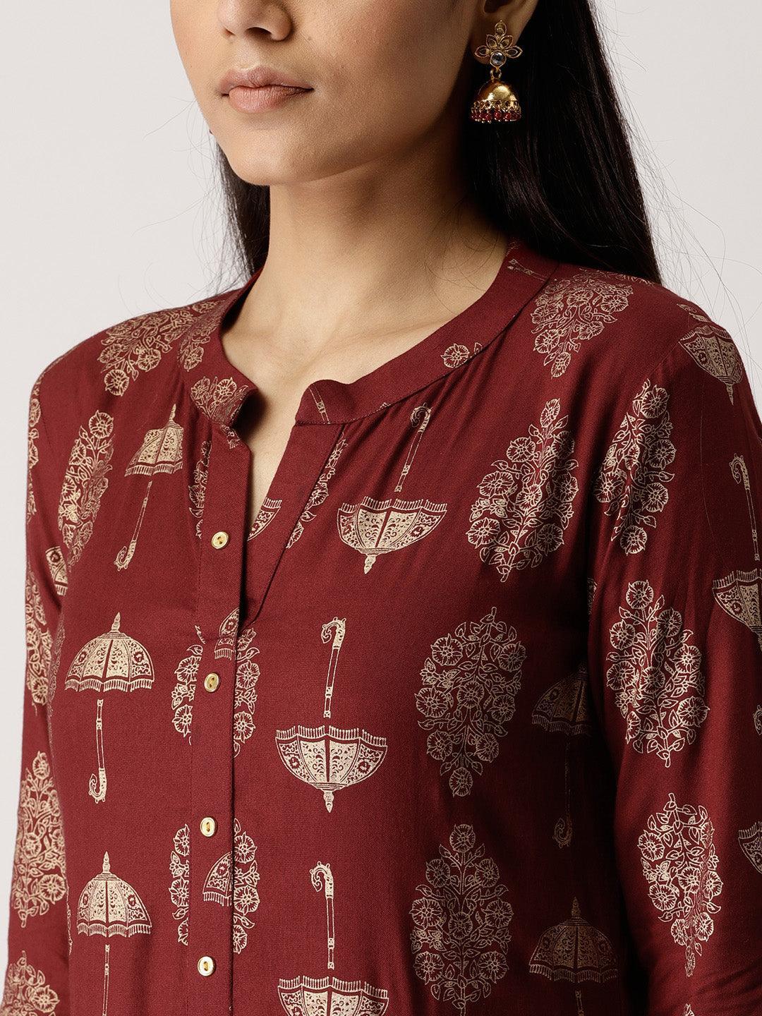 Maroon Printed Rayon Kurta