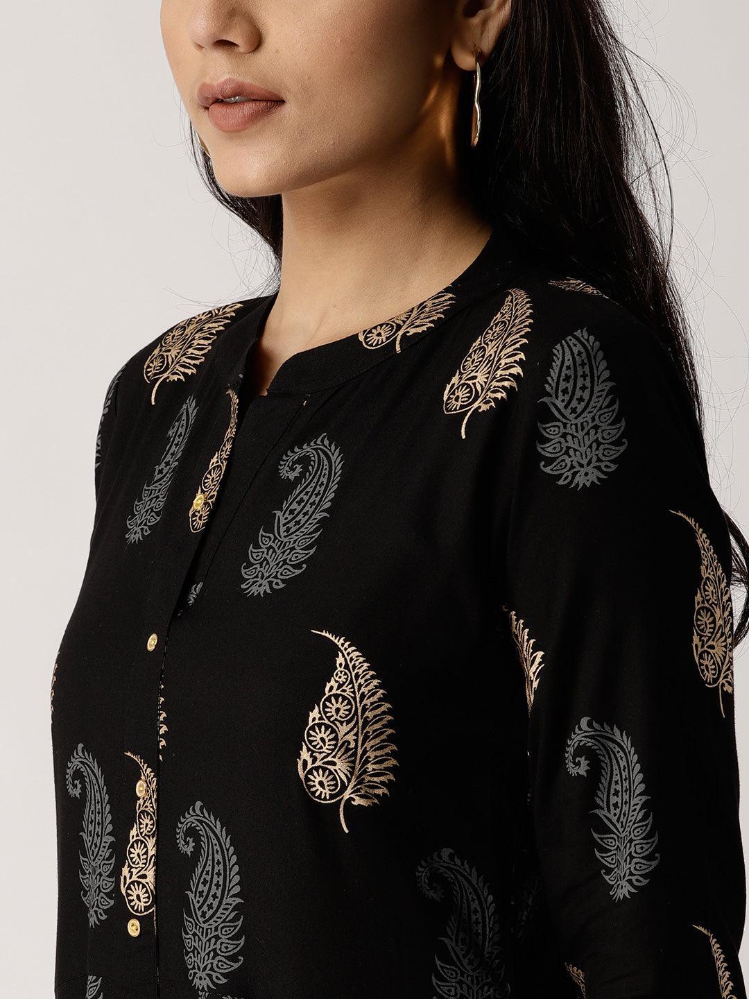 Black Printed Rayon Kurta