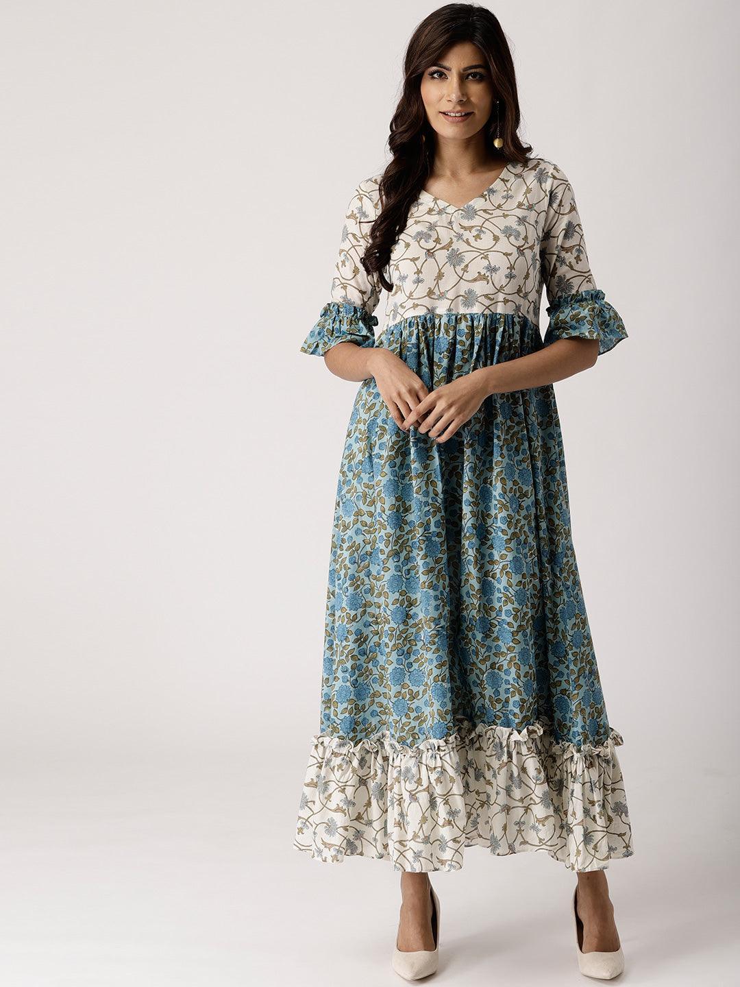 Blue Printed Cotton Dress - ShopLibas