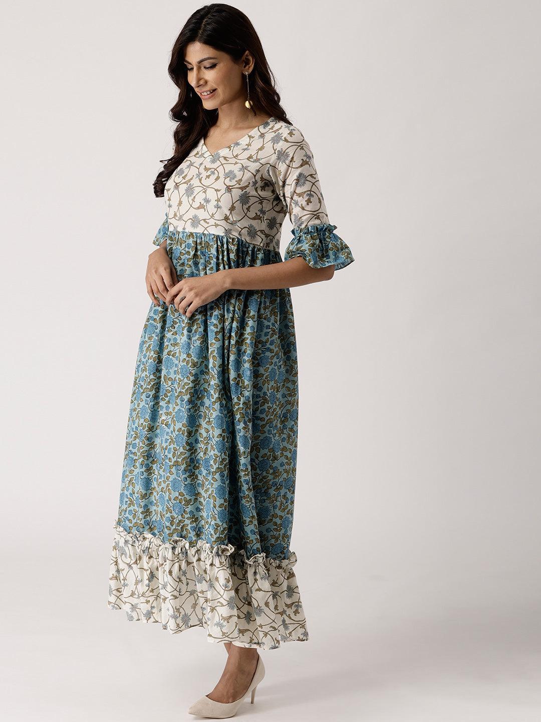 Blue Printed Cotton Dress - ShopLibas