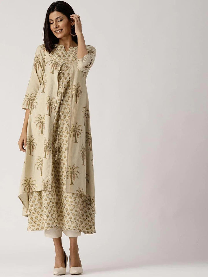 Beige Printed Cotton Kurta With Jacket - ShopLibas