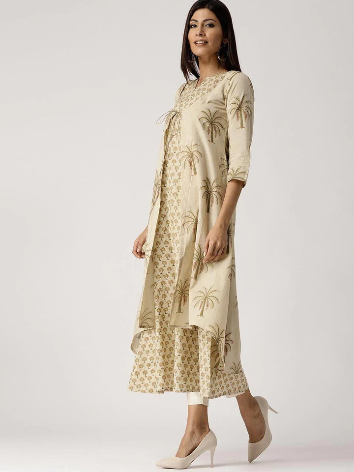 Beige Printed Cotton Kurta With Jacket - ShopLibas