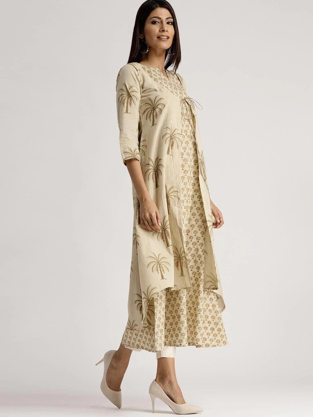 Beige Printed Cotton Kurta With Jacket - ShopLibas