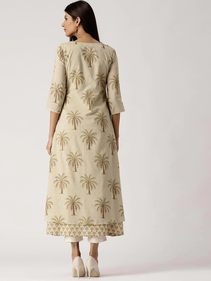 Beige Printed Cotton Kurta With Jacket - ShopLibas