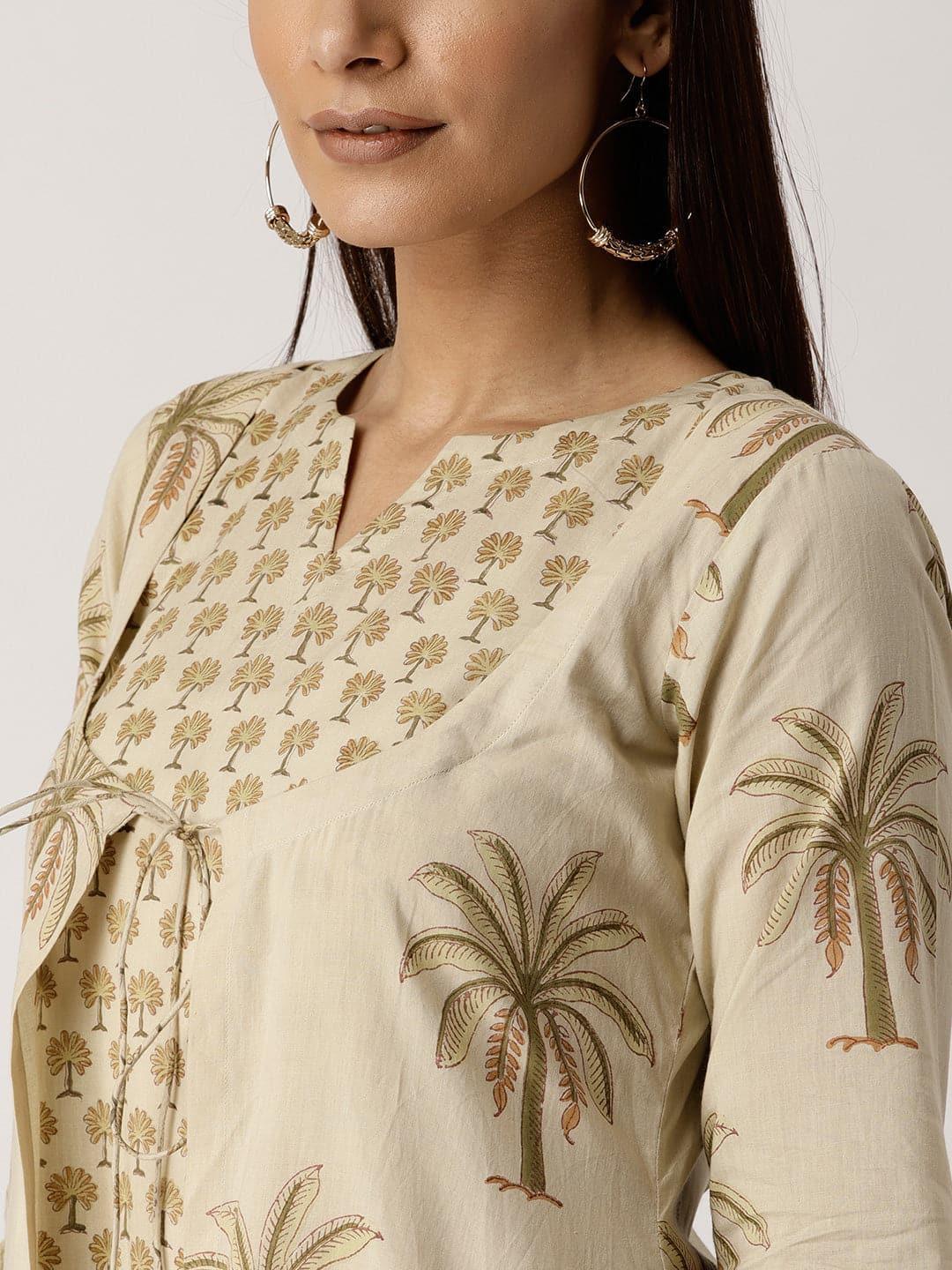 Beige Printed Cotton Kurta With Jacket - ShopLibas