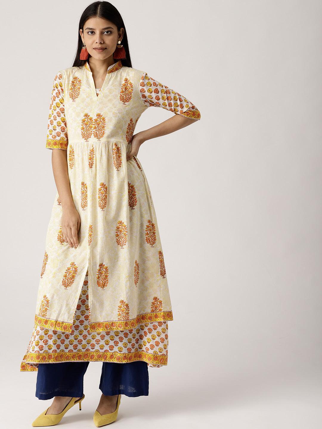 Yellow Printed Cotton Kurta With Jacket