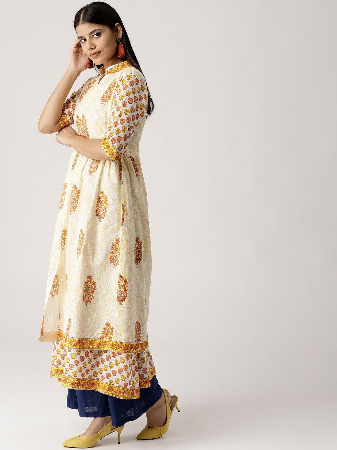 Yellow Printed Cotton Kurta With Jacket