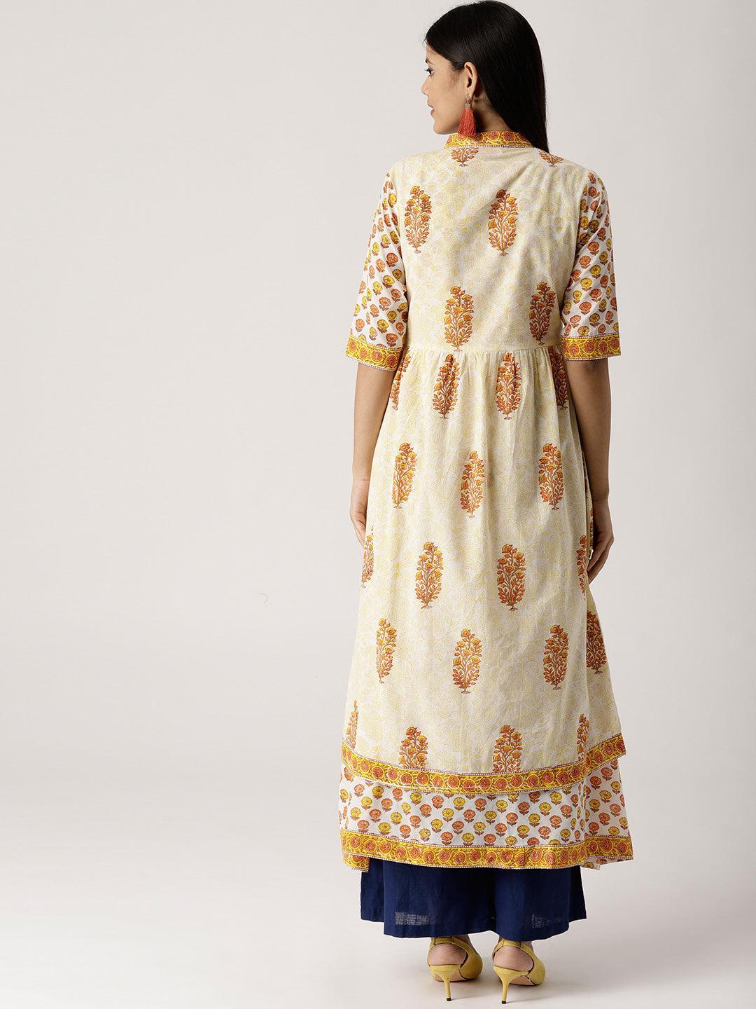 Yellow Printed Cotton Kurta With Jacket