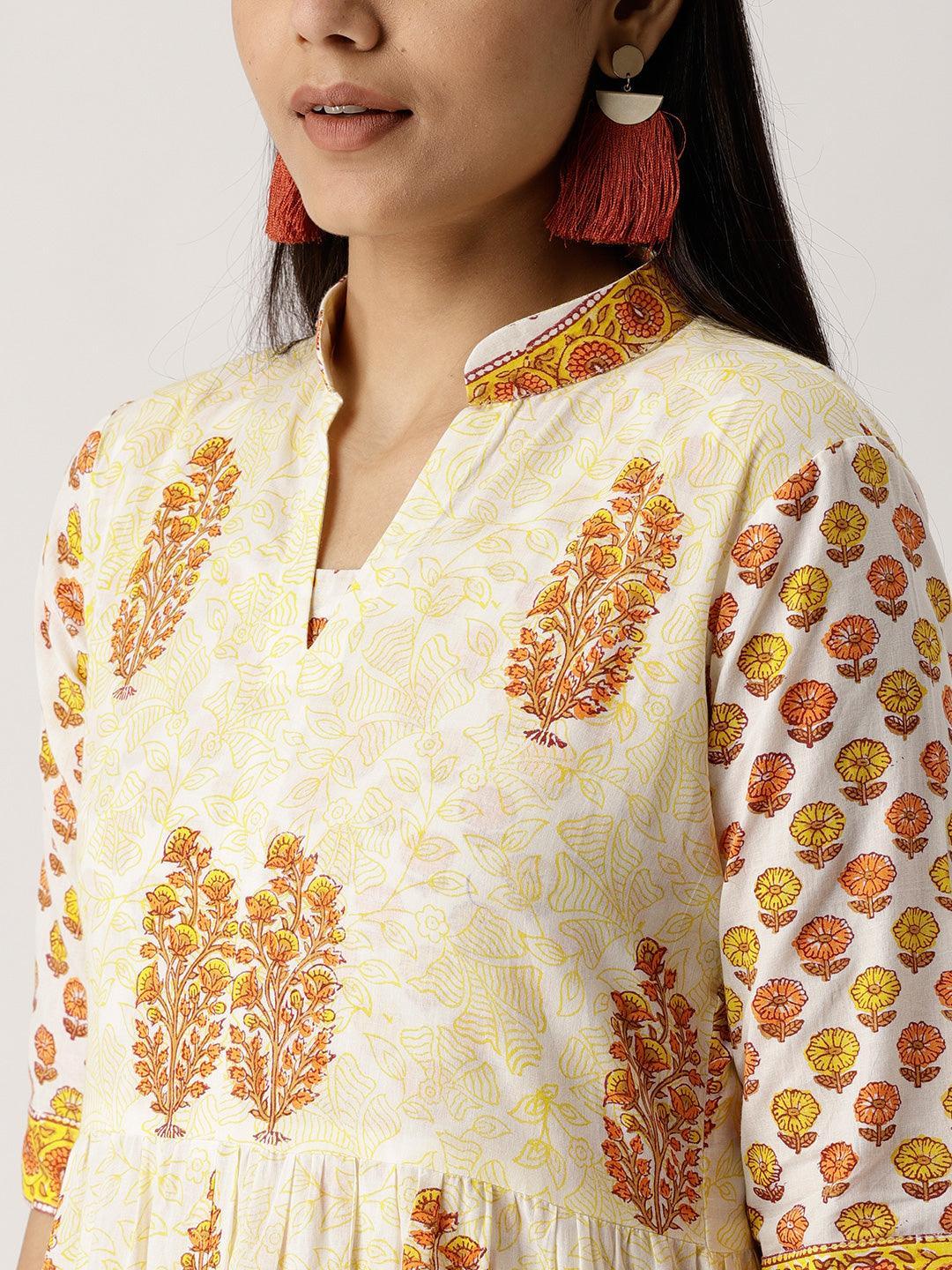 Yellow Printed Cotton Kurta With Jacket