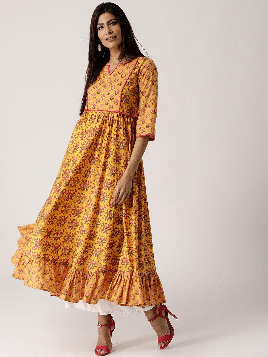 Yellow Printed Cotton Kurta