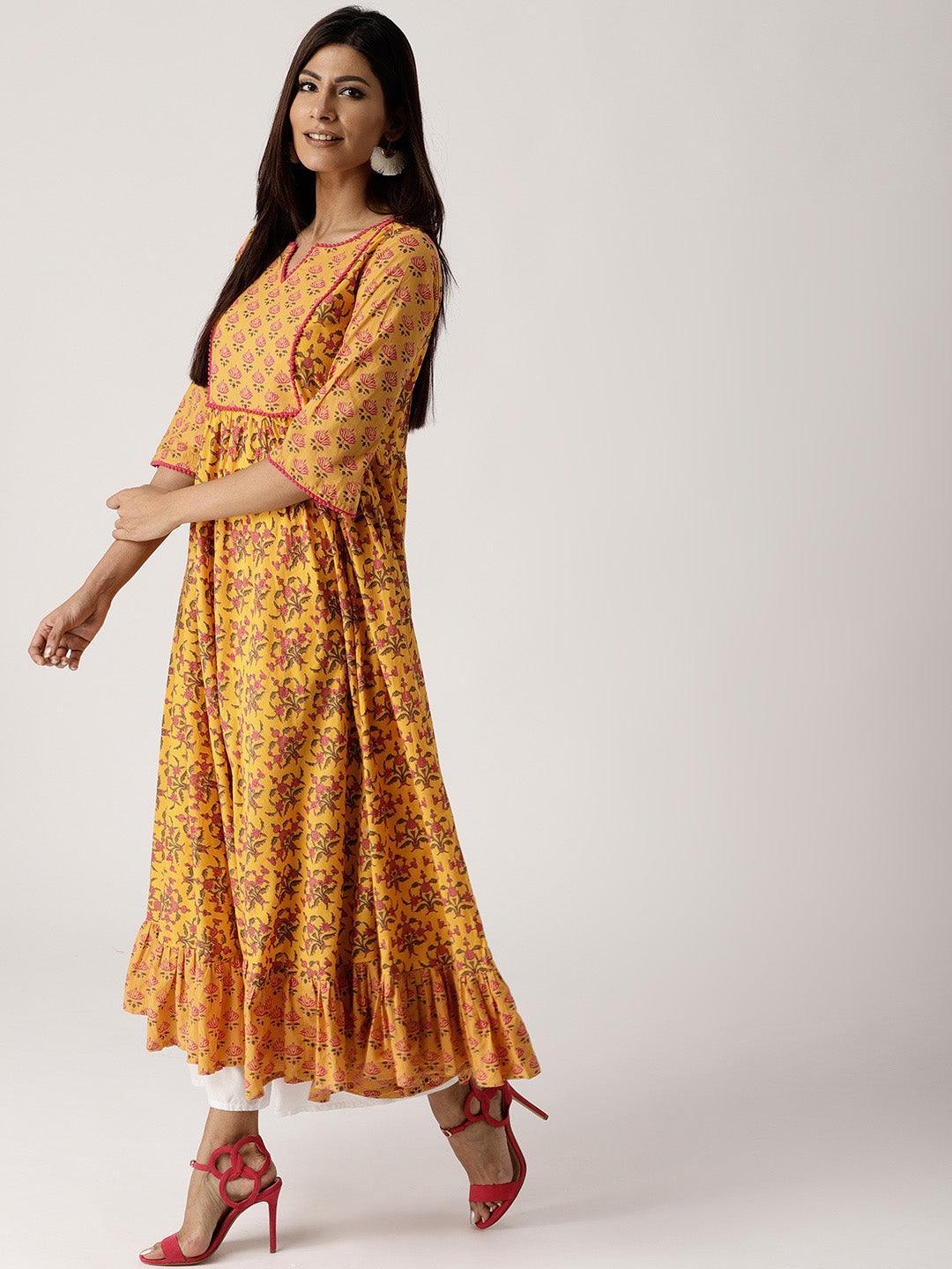 Yellow Printed Cotton Kurta