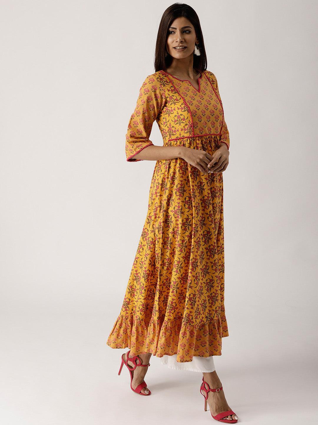 Yellow Printed Cotton Kurta