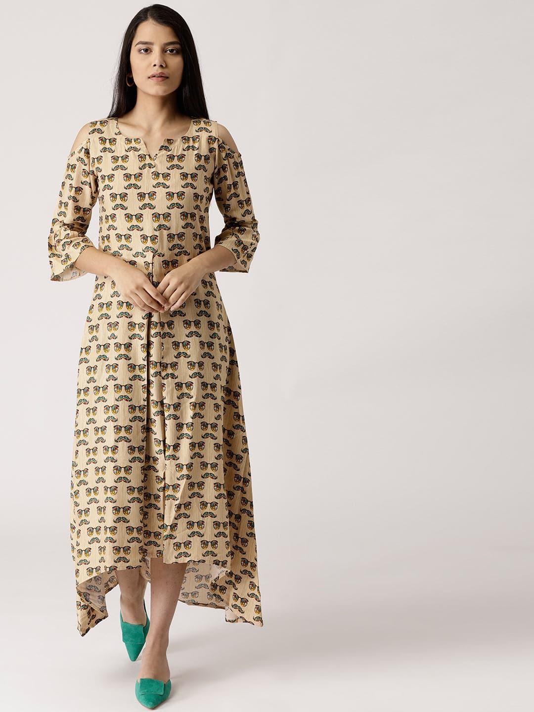 Beige Printed Rayon Dress