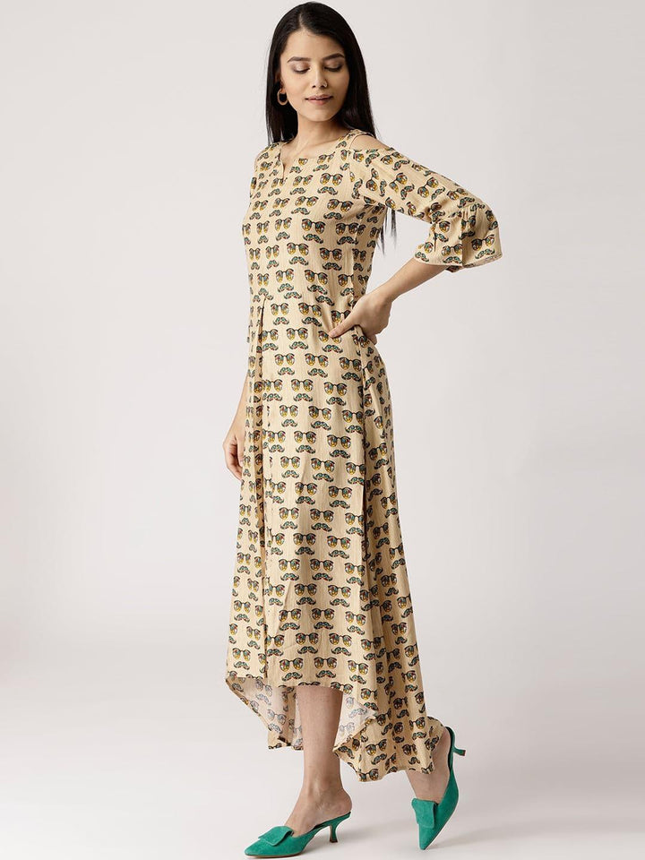 Beige Printed Rayon Dress - ShopLibas