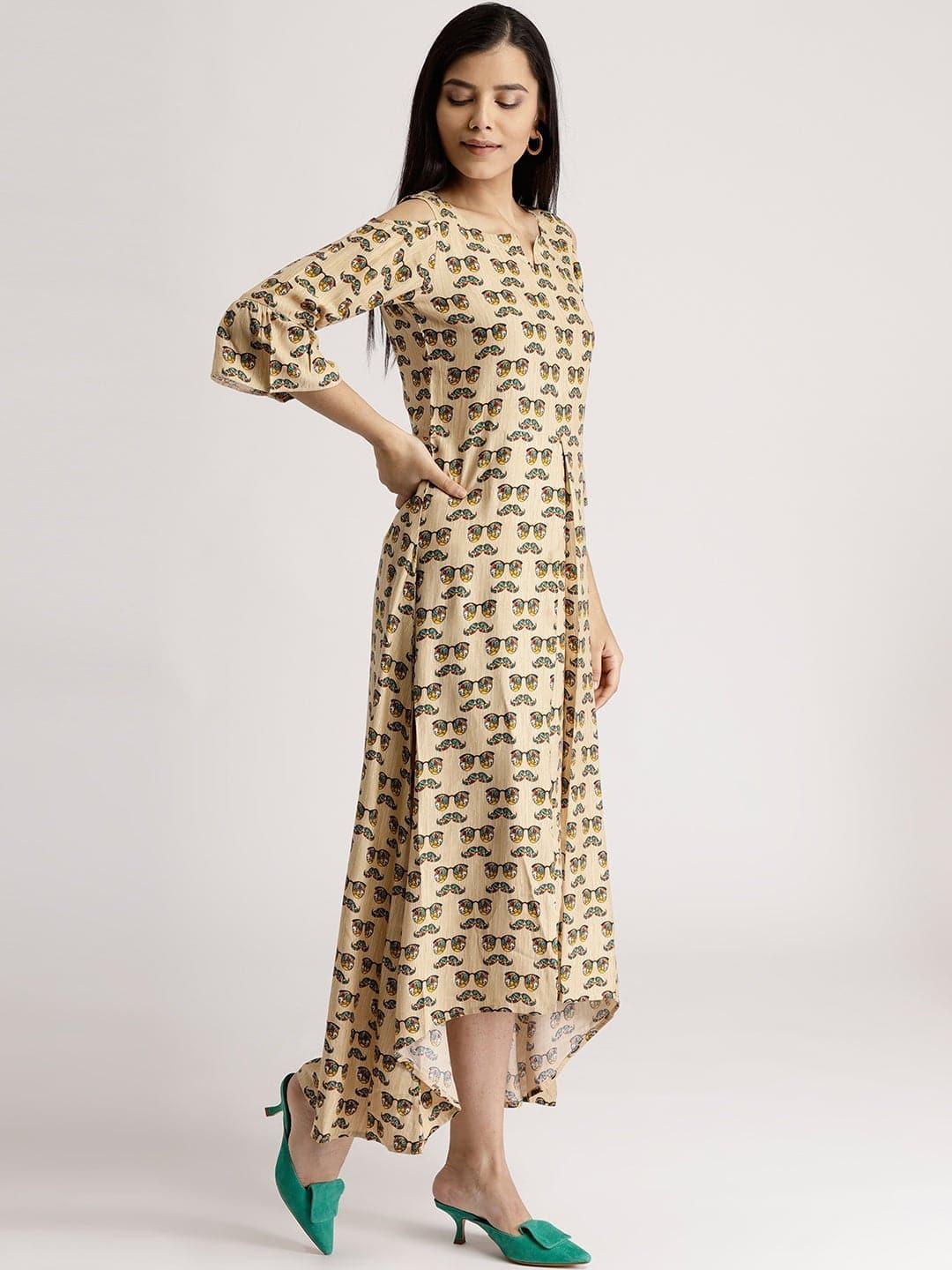 Beige Printed Rayon Dress