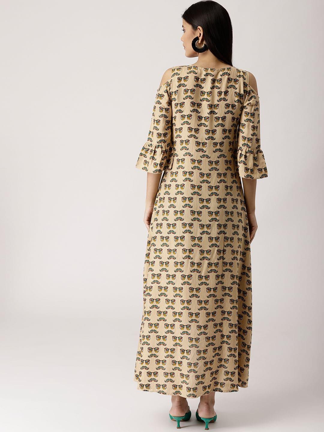 Beige Printed Rayon Dress - ShopLibas