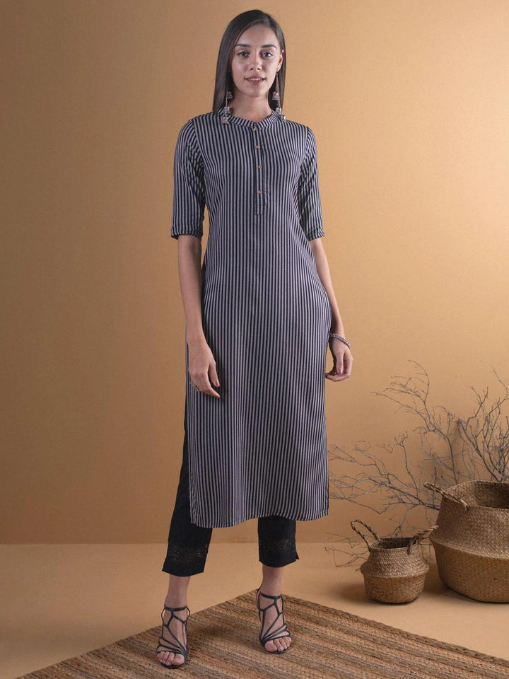 Black Striped Rayon Kurta - ShopLibas