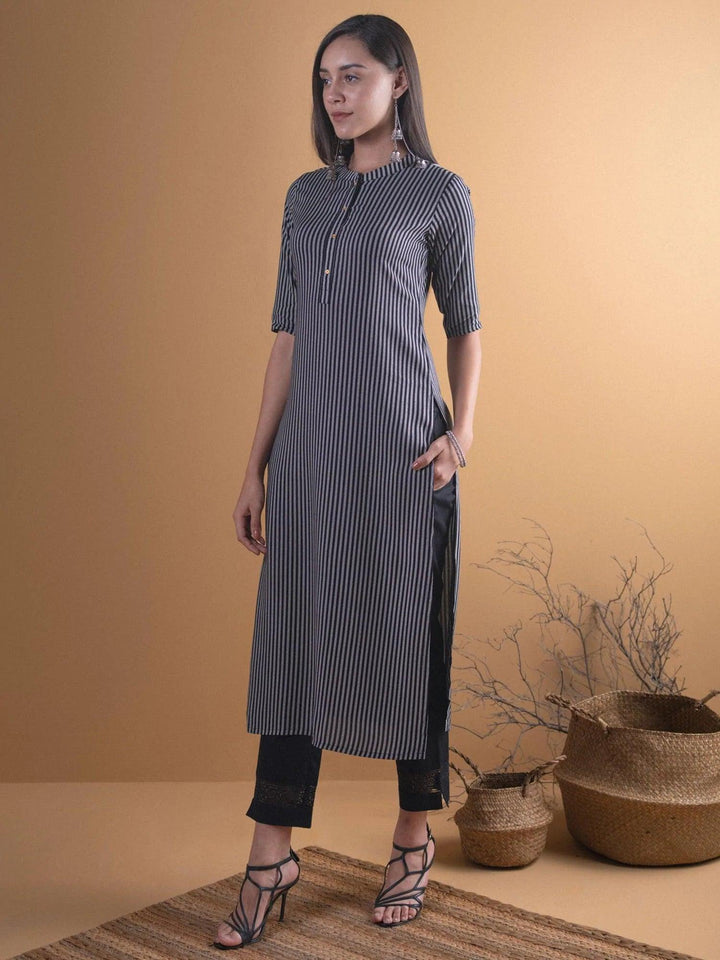 Black Striped Rayon Kurta - ShopLibas