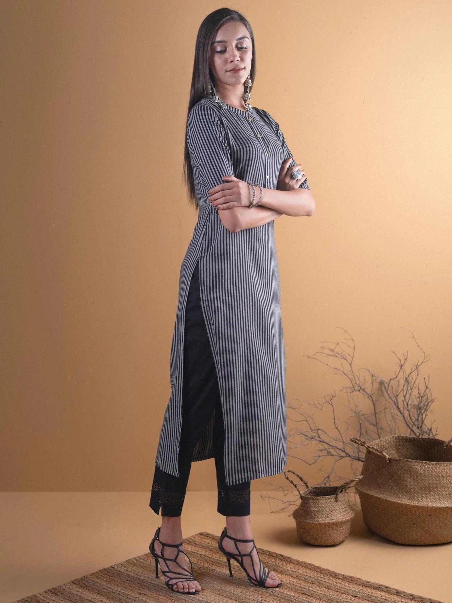 Black Striped Rayon Kurta