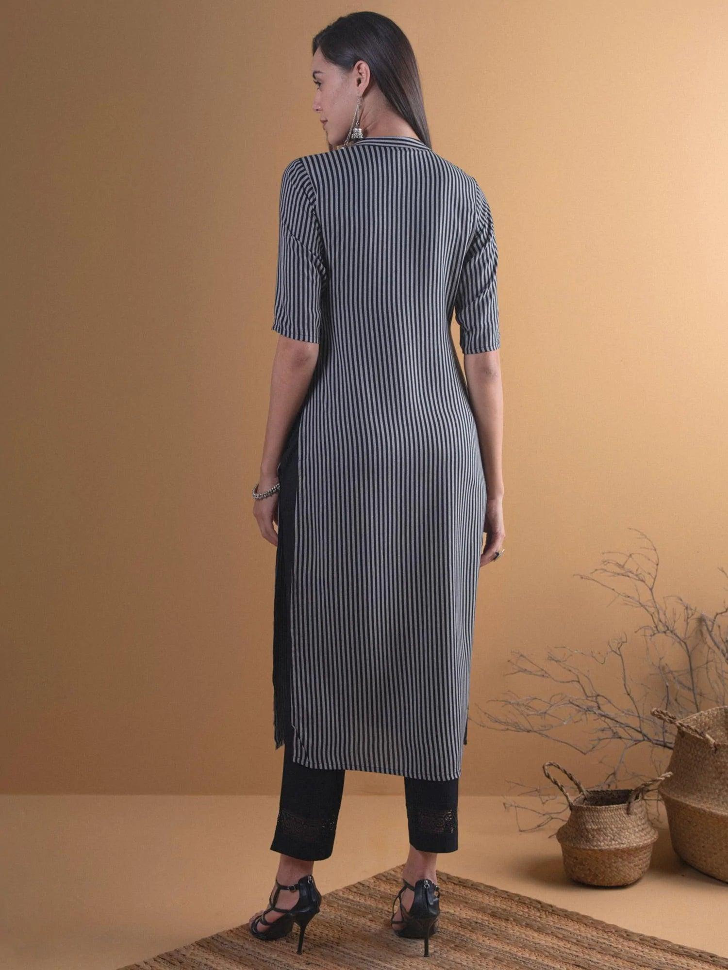 Black Striped Rayon Kurta