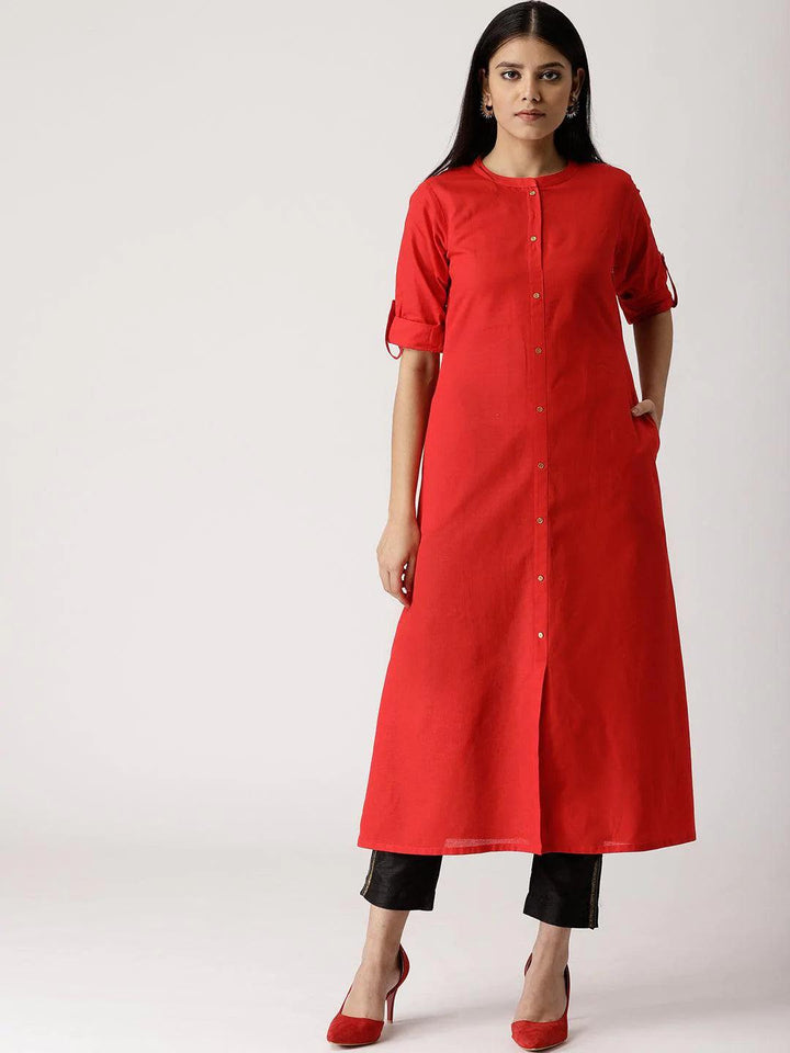 Red Solid Cotton Kurta - ShopLibas