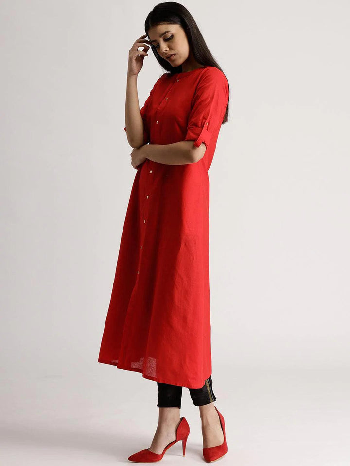 Red Solid Cotton Kurta - ShopLibas