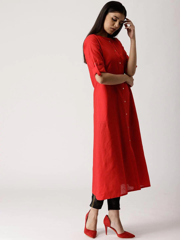 Red Solid Cotton Kurta - ShopLibas