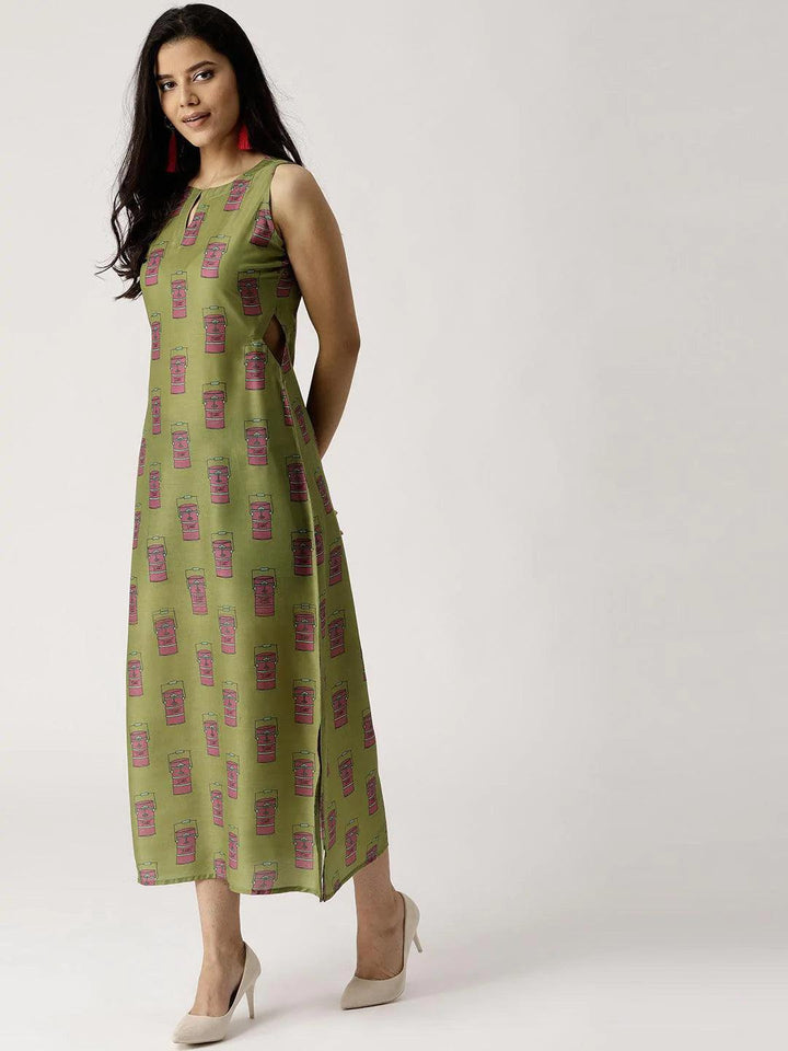 Olive Green Printed Silk Dress - ShopLibas