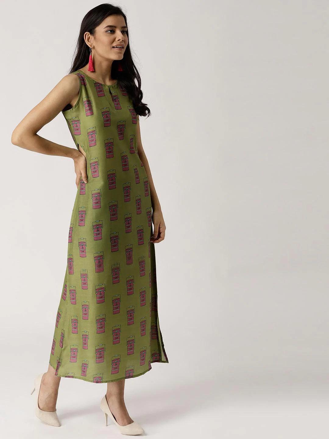 Olive Green Printed Silk Dress - ShopLibas