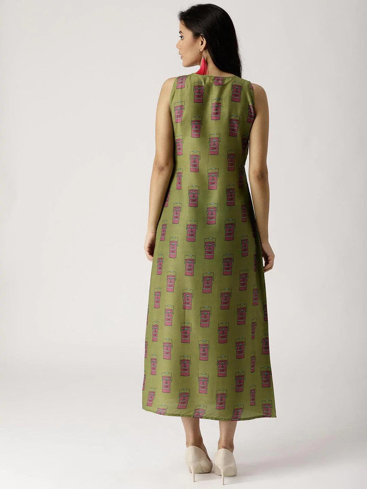 Olive Green Printed Silk Dress - ShopLibas